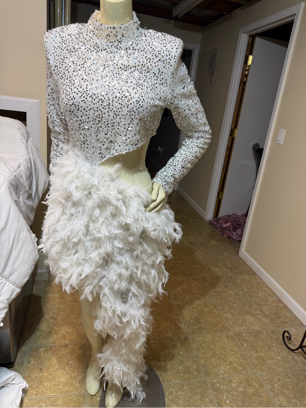 Fashion Nova White Sequin One-Shoulder High-Low Feather Dress